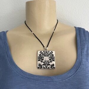Whimsigoth Damask Floral Square Pendant Necklace Silver Boho Goth Enamel Ornate